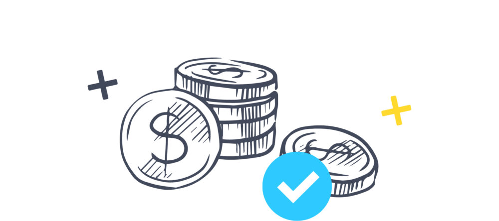 outline illustration of coins with dollar signs on them and a blue tick