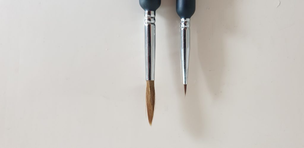 comparison of a normal paint brush and a fine detail paint brush side by side