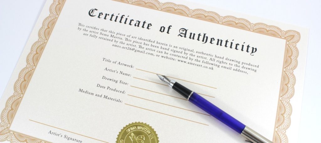 certificate of authenticity for artwork with fountain pen