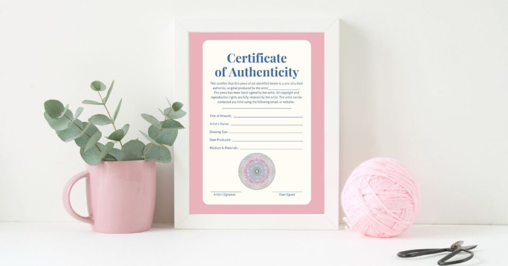 pink certificate of authenticity art branding