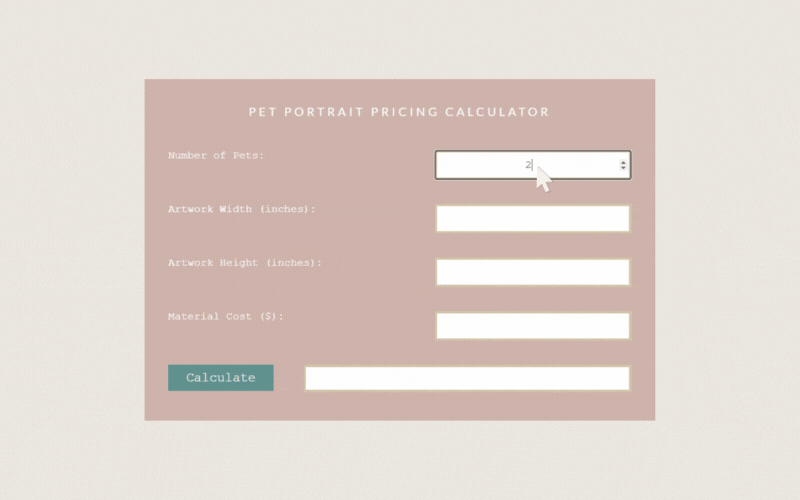 An animated gif of a pet portrait pricing calculator